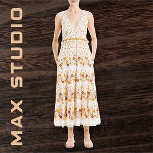 MAX STUDIO V-Neck Peplum Floral Sleeveless Maxi Dress in the Size X-Large